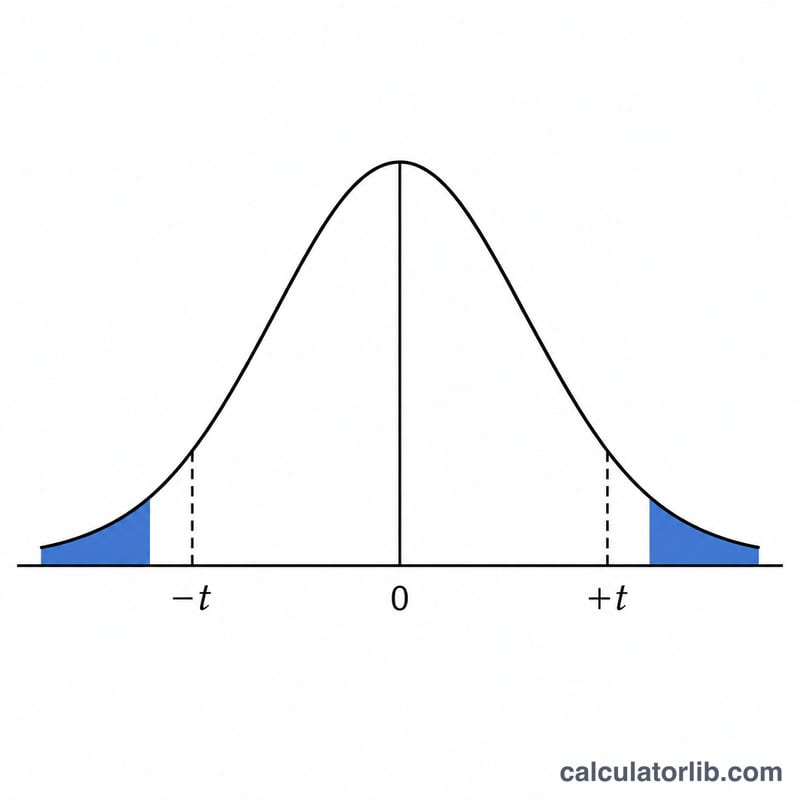 t distribution curve with shaded two-tailed critical regions