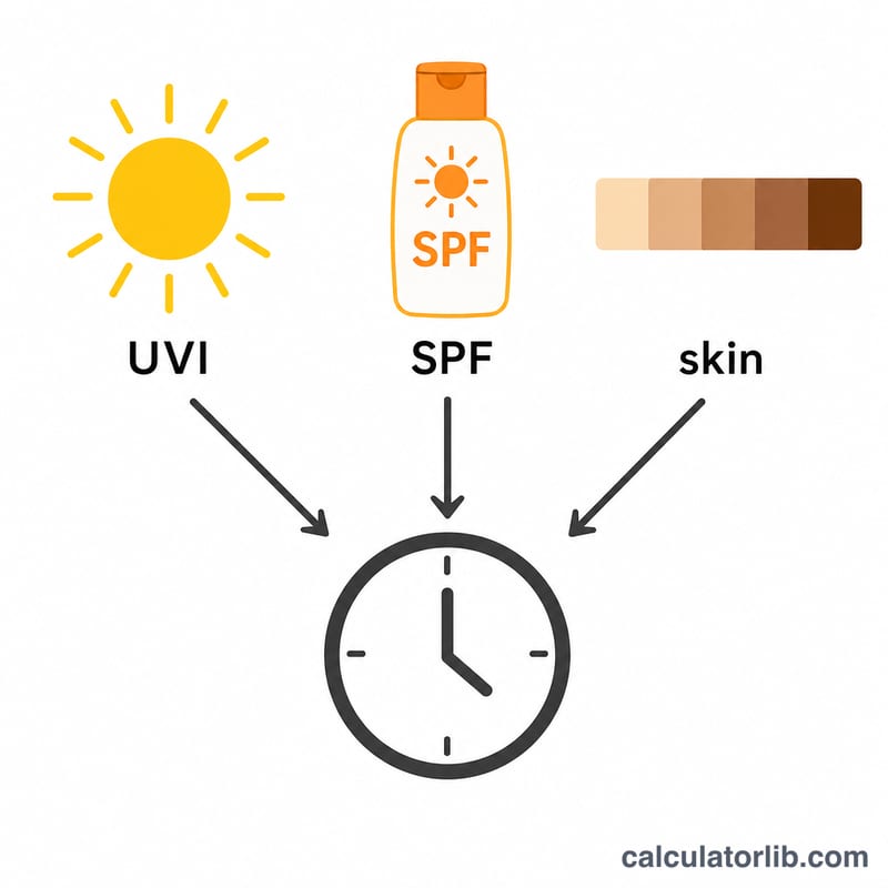 Diagram showing UV Index, SPF, and skin type factors combining to give sunburn time