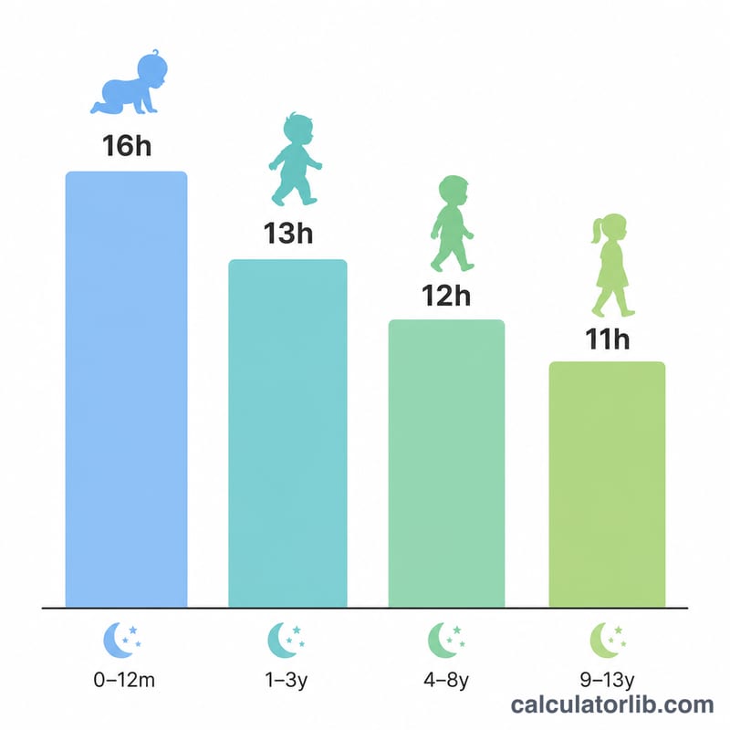Bar chart of recommended daily sleep hours decreasing with age