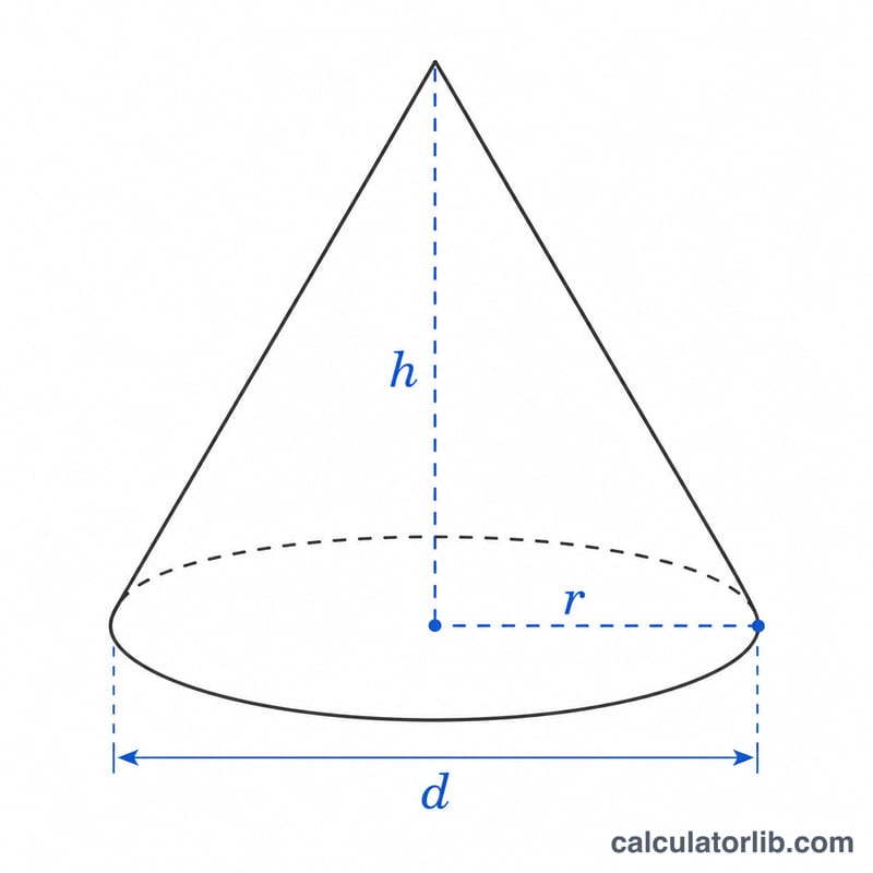 Cone showing height h, base radius r and base diameter d