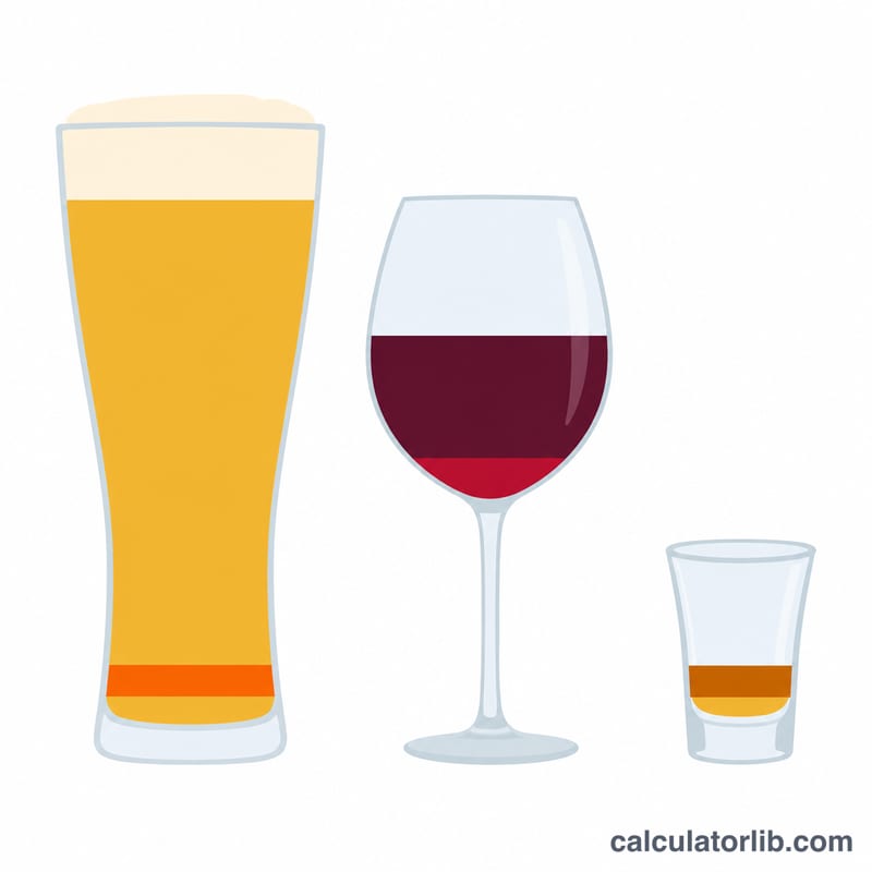 Three beverage glasses of different sizes each containing the same amount of pure alcohol