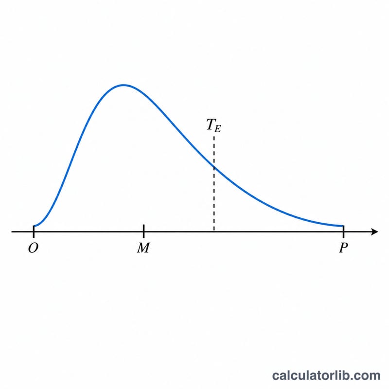 Number line with optimistic, most likely, pessimistic points under a skewed distribution curve