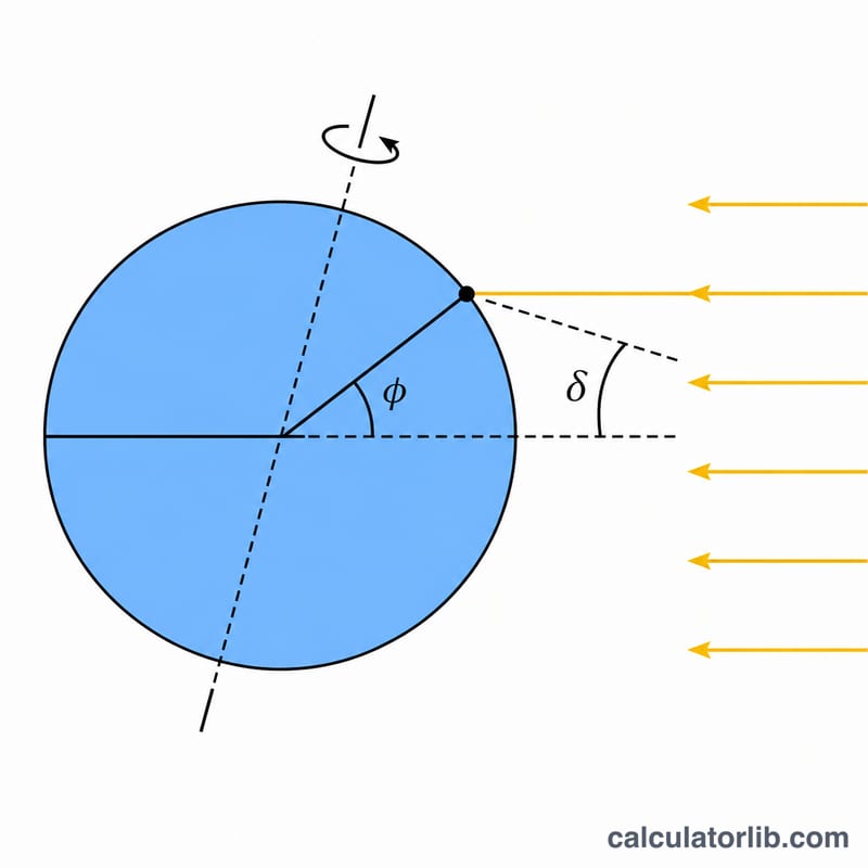 Earth with sun rays showing latitude angle phi and solar declination delta