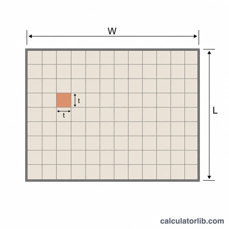Rectangular room floor covered by a grid of square tiles with length and width labels