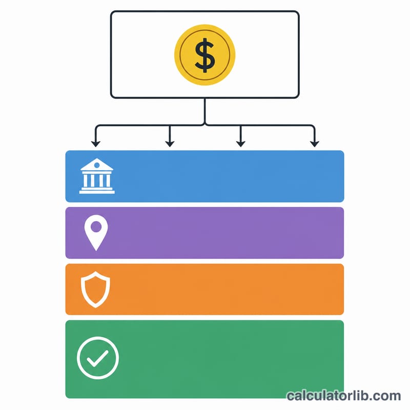 Flat diagram showing a bonus amount splitting into four parts: federal, state, FICA, and net take-home