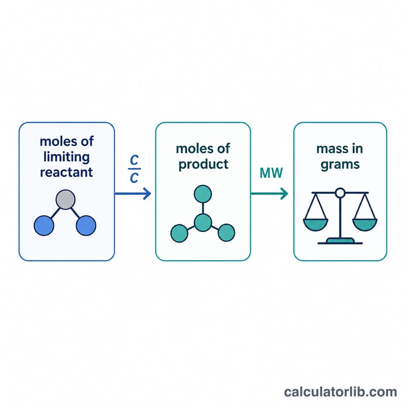 Flow diagram converting moles of reactant to moles of product to grams via mole ratio and molar mass