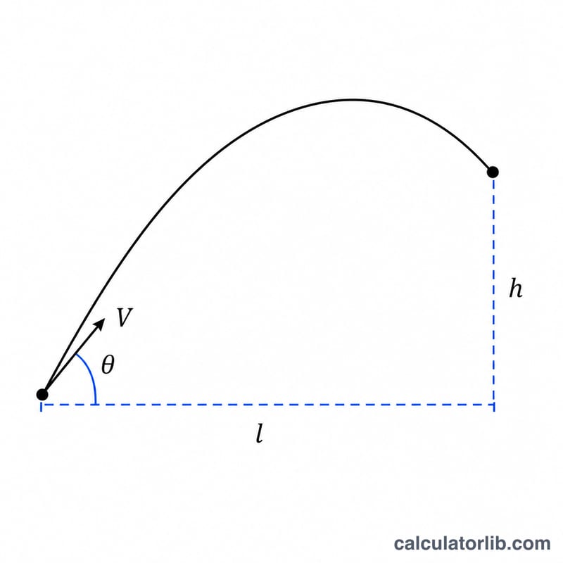 Projectile launching from origin and arcing to a target at height h and horizontal distance l