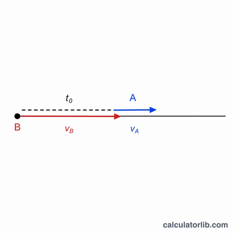 Number line with traveler A given a head start and faster chaser B starting from the same origin
