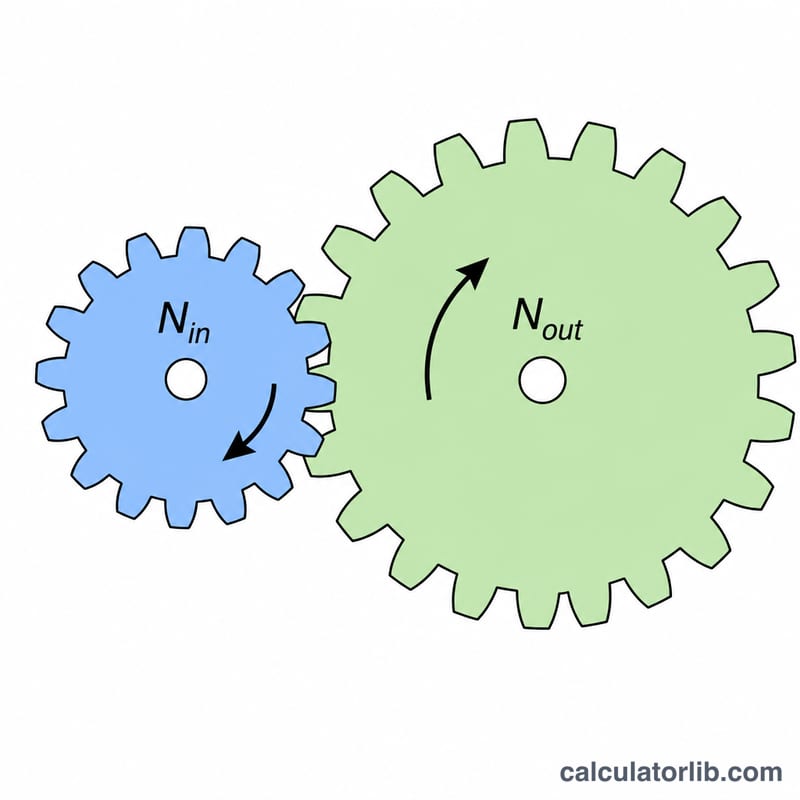 Two meshing gears, a small input gear and a larger output gear, showing teeth counts and rotation directions