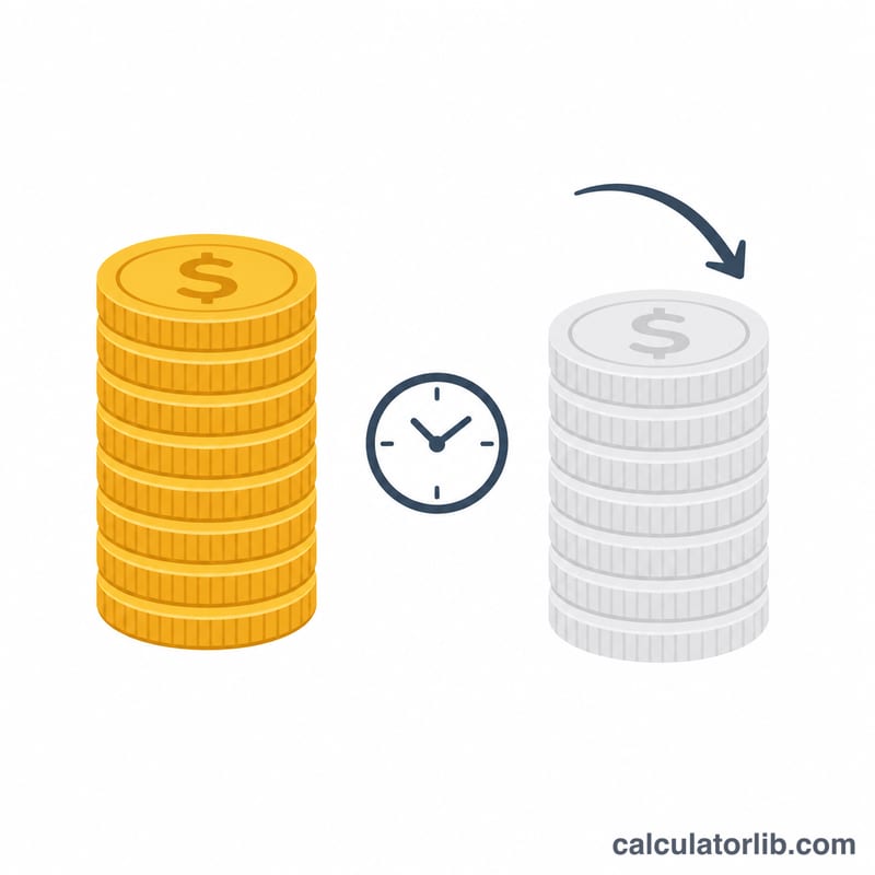 Two stacks of coins of equal nominal height with a downward arrow showing reduced purchasing power over time