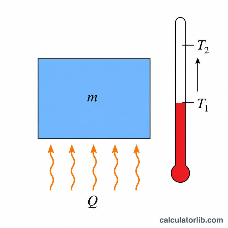 Diagram showing heat added to a mass raising its temperature from T1 to T2