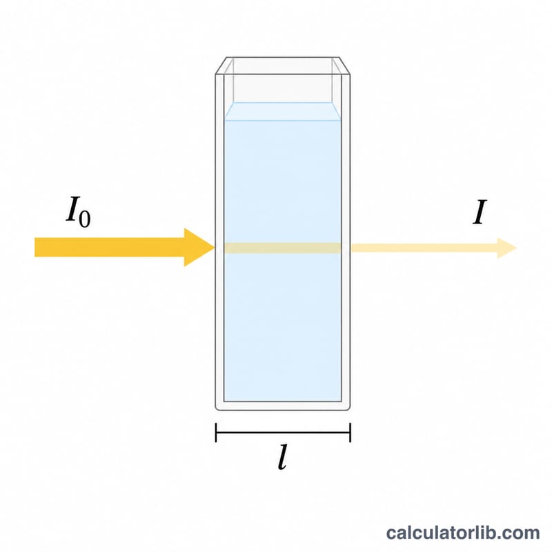 Light beam passing through a cuvette of colored solution, with incoming intensity reduced on exit