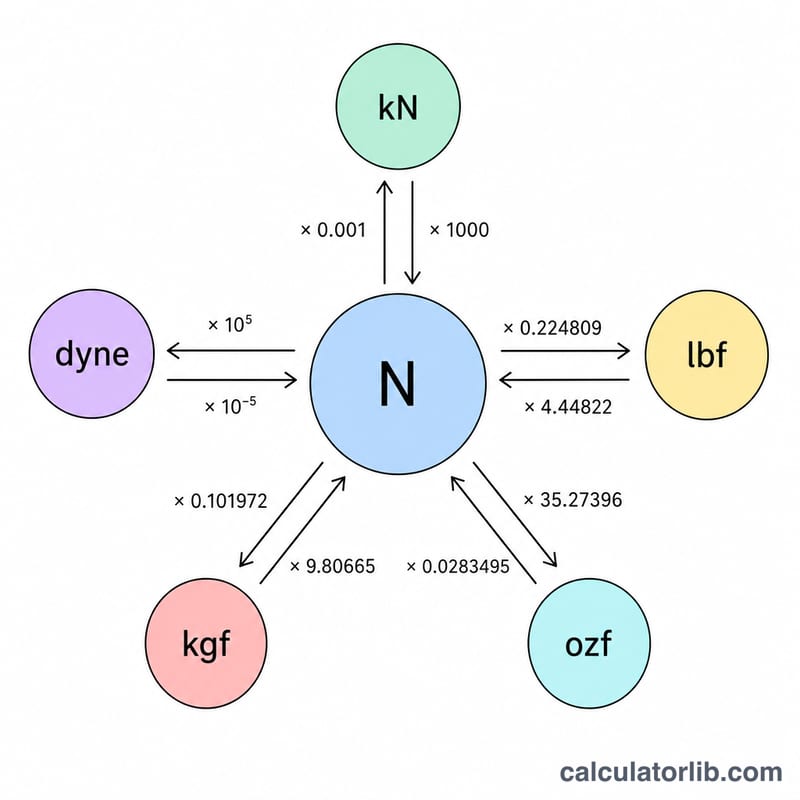 Sơ đồ thể hiện cách quy đổi đơn vị lực thông qua một đơn vị cơ sở chung là newton