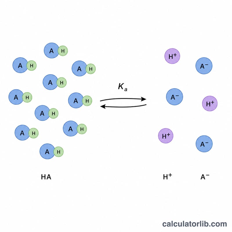 ICE-style equilibrium diagram of a weak acid dissociating into hydrogen and conjugate base ions