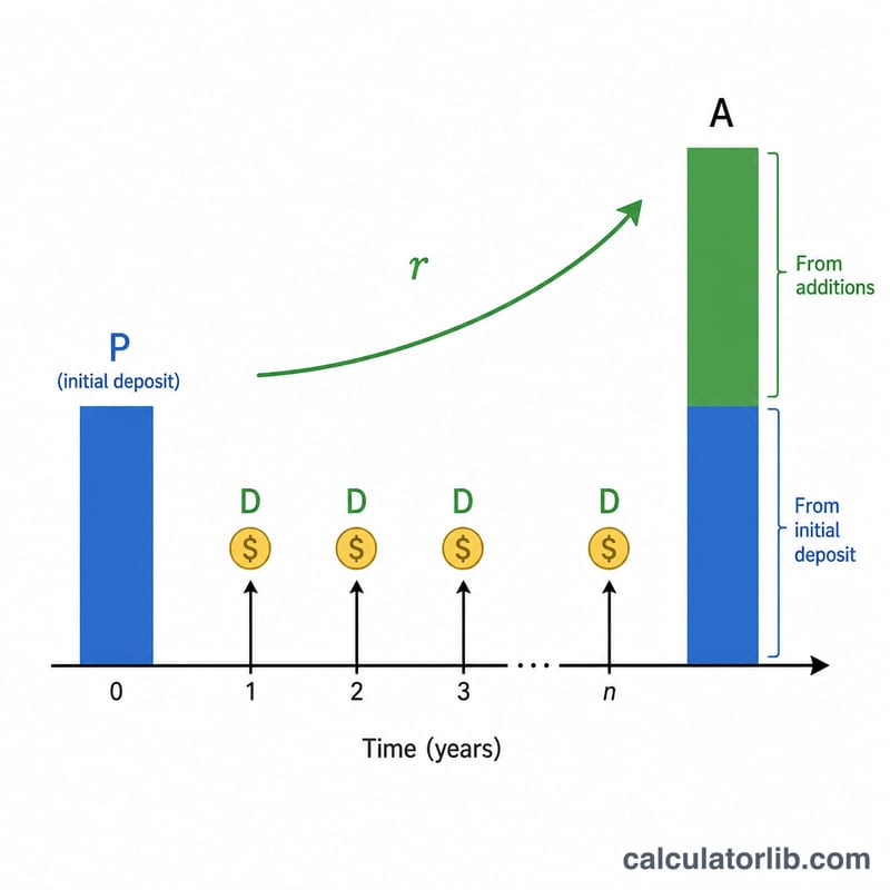 Diagrama que muestra un depósito inicial y aportaciones anuales que crecen hasta un saldo futuro mediante interés compuesto