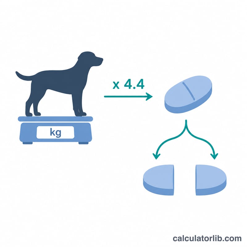 Diagram showing dog weight in kilograms multiplied by 4.4 to give total daily dose, then split into two equal half doses