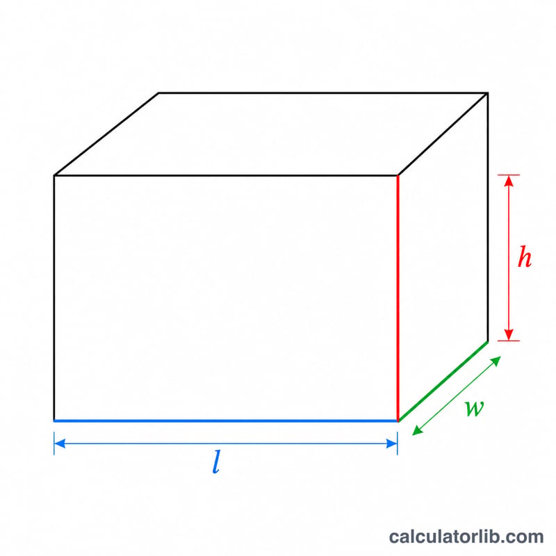 Rectangular tank with length, width, and height edges labeled l, w, h
