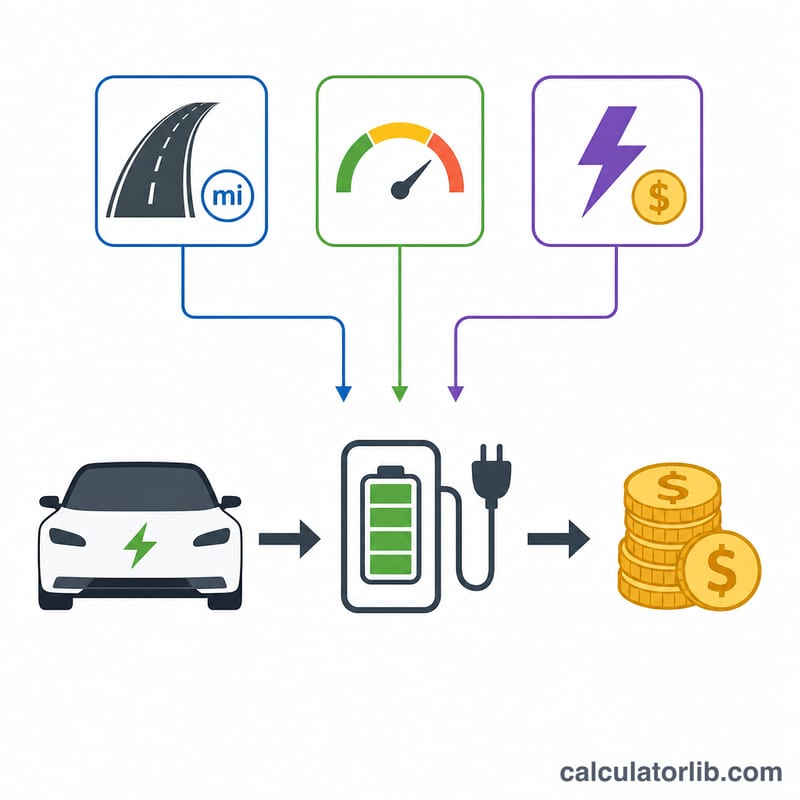 Diagram showing miles, efficiency, and rate combining into a monthly charging cost