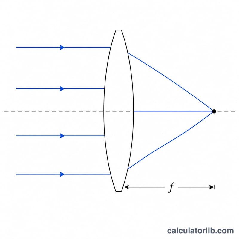 Converging lens focusing parallel light rays to a focal point, showing focal length f