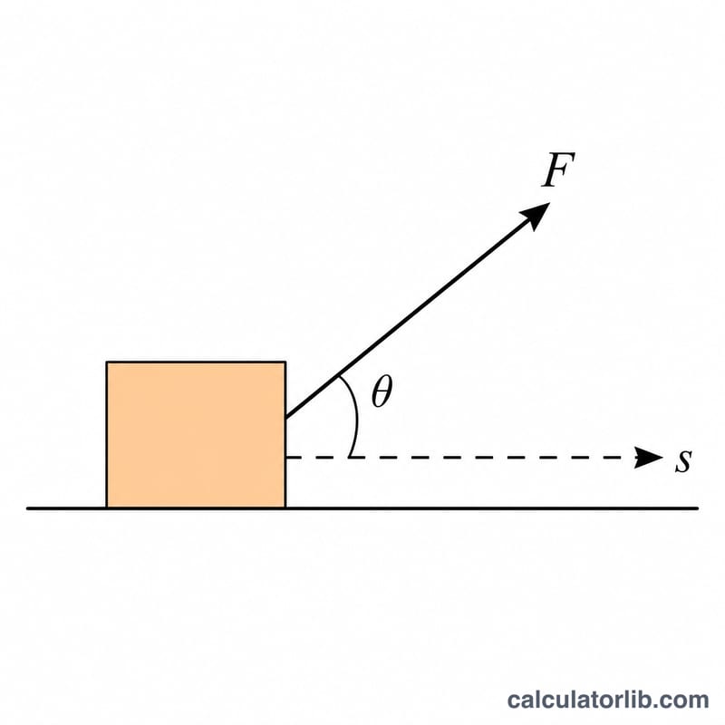 Fuerza aplicada con un ángulo theta respecto al desplazamiento horizontal s de una caja