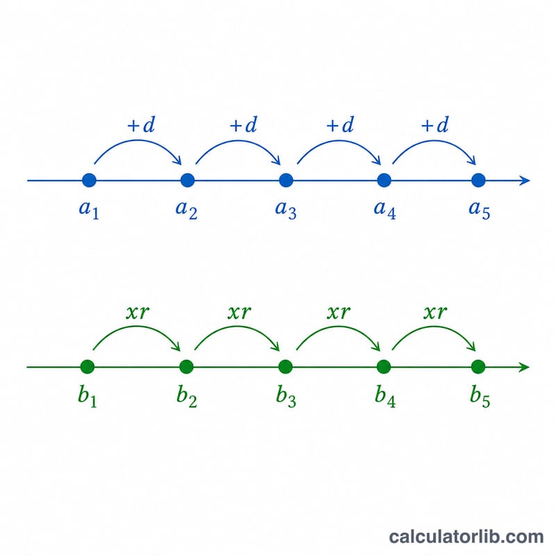 Diagram showing arithmetic sequence with constant difference d and geometric sequence with constant ratio r