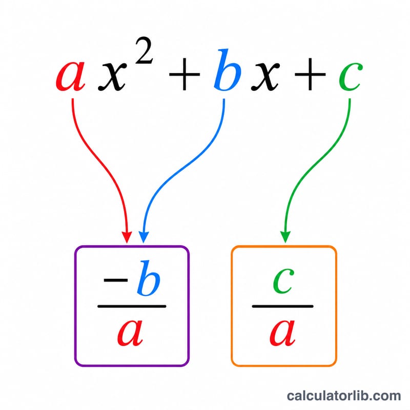 Quadratic equation showing coefficients a, b, c with arrows to sum and product of roots formulas