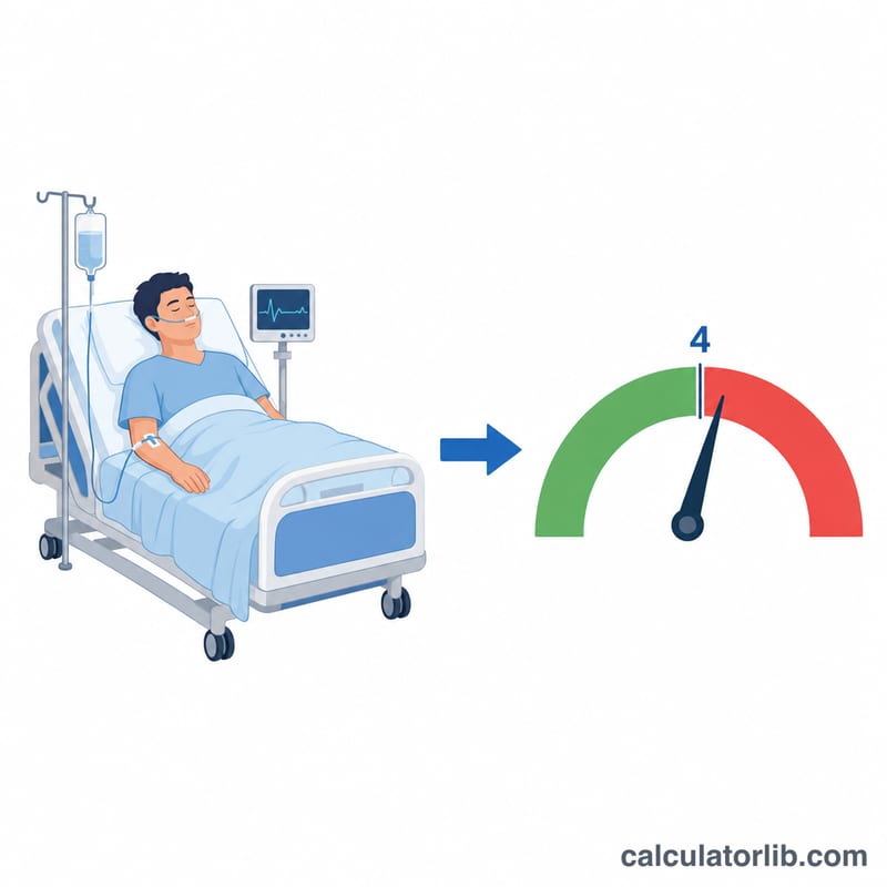 Flat diagram of a hospital bed patient with a risk gauge split into low and high zones