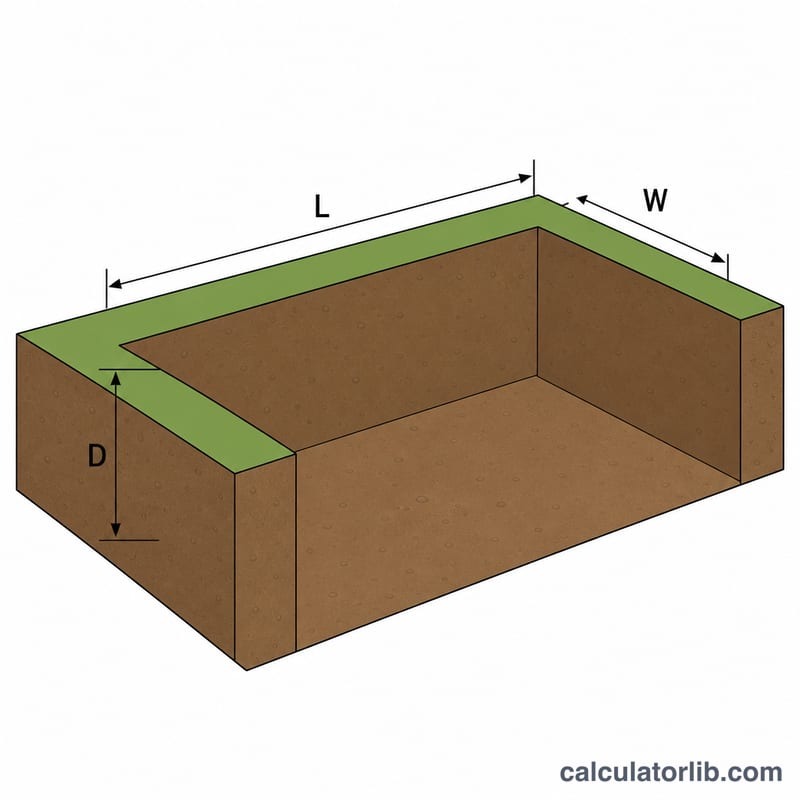 3D diagram of a rectangular trench showing length, width and depth dimensions