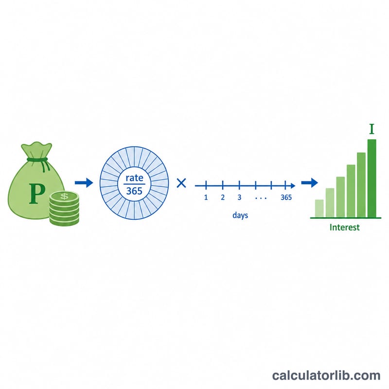 Diagram showing judgment principal multiplied by daily rate over days to produce accrued interest