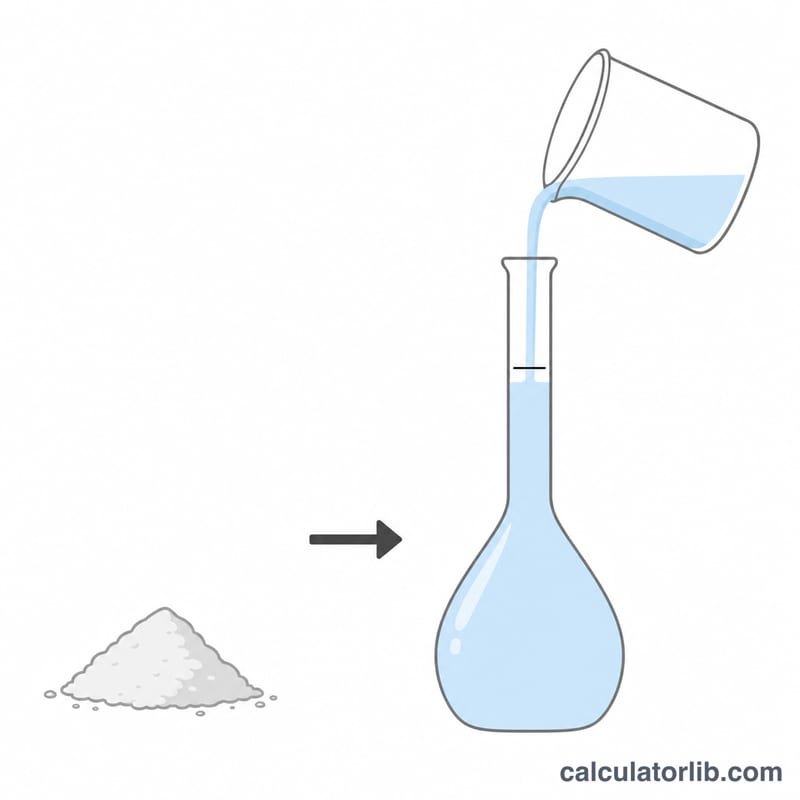 Flat diagram of a solid powder being dissolved in a volumetric flask and filled to a marked line.