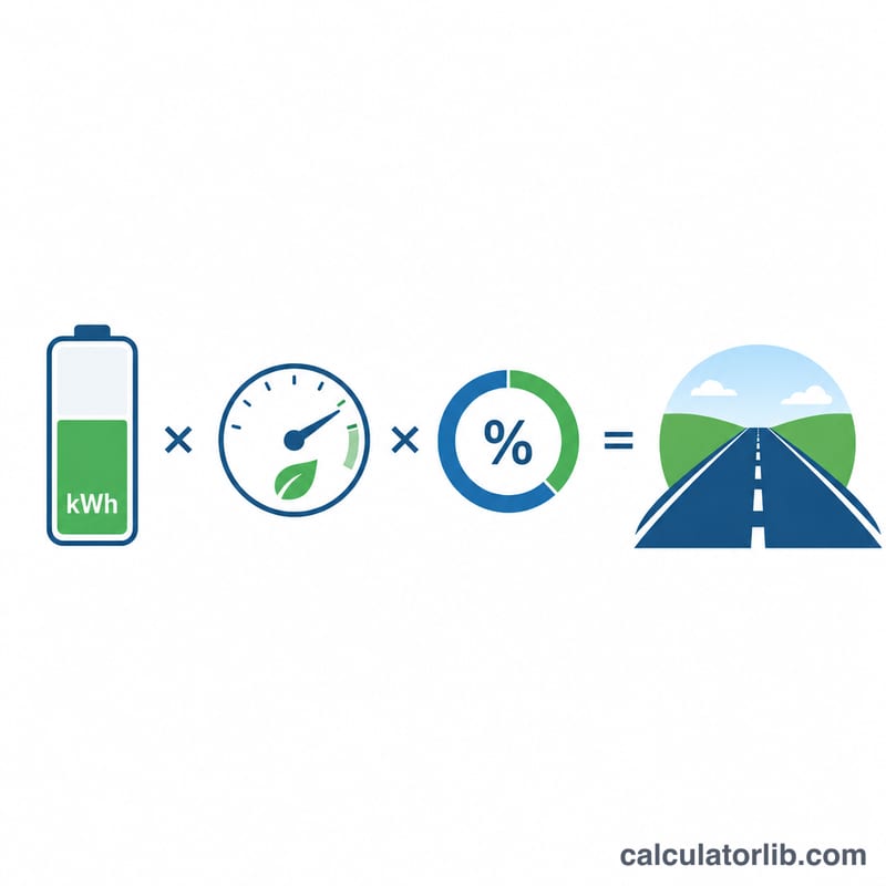 Diagram showing battery capacity times efficiency times state of charge equals driving range