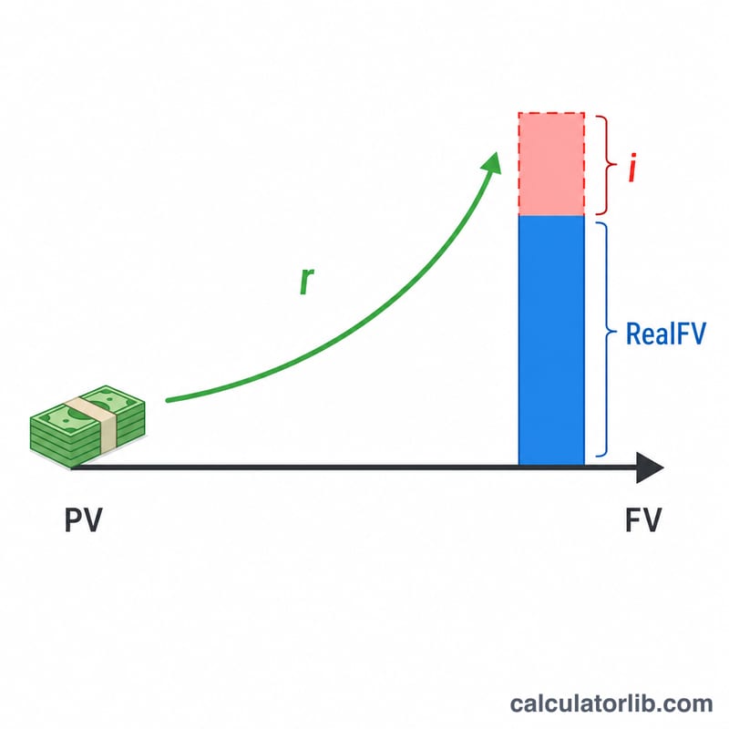 Diagram showing nominal future value growing while inflation erodes part of it, leaving a smaller real future value