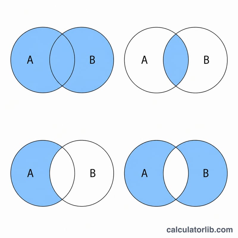 Four Venn diagrams showing union, intersection, difference and symmetric difference of sets A and B