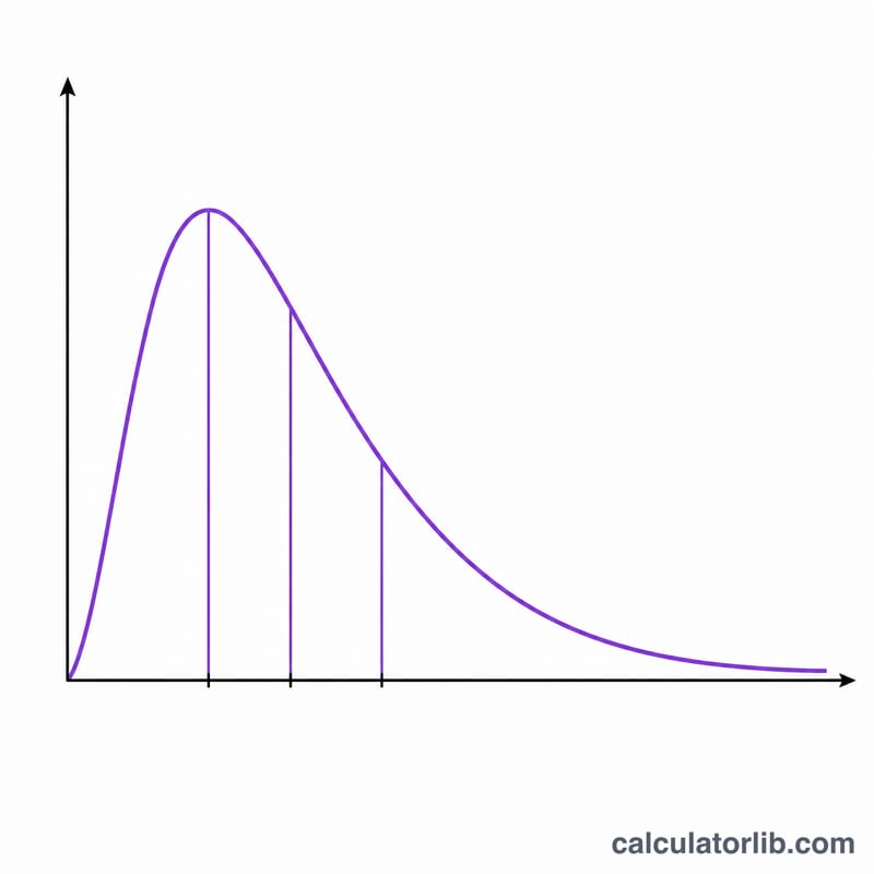 Skewed log-normal probability density curve with marked mean, median and mode