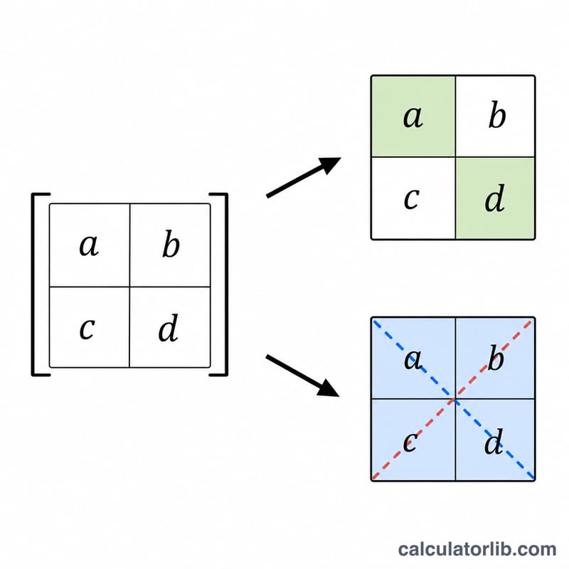 2x2 matrix with diagonal entries highlighted for trace and a crossing pattern for determinant