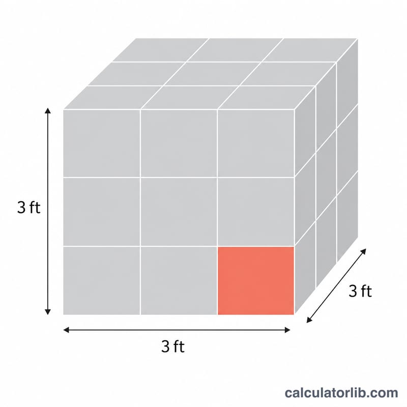 Large cube of side 3 feet divided into 27 small one-foot cubes, equal to one cubic yard