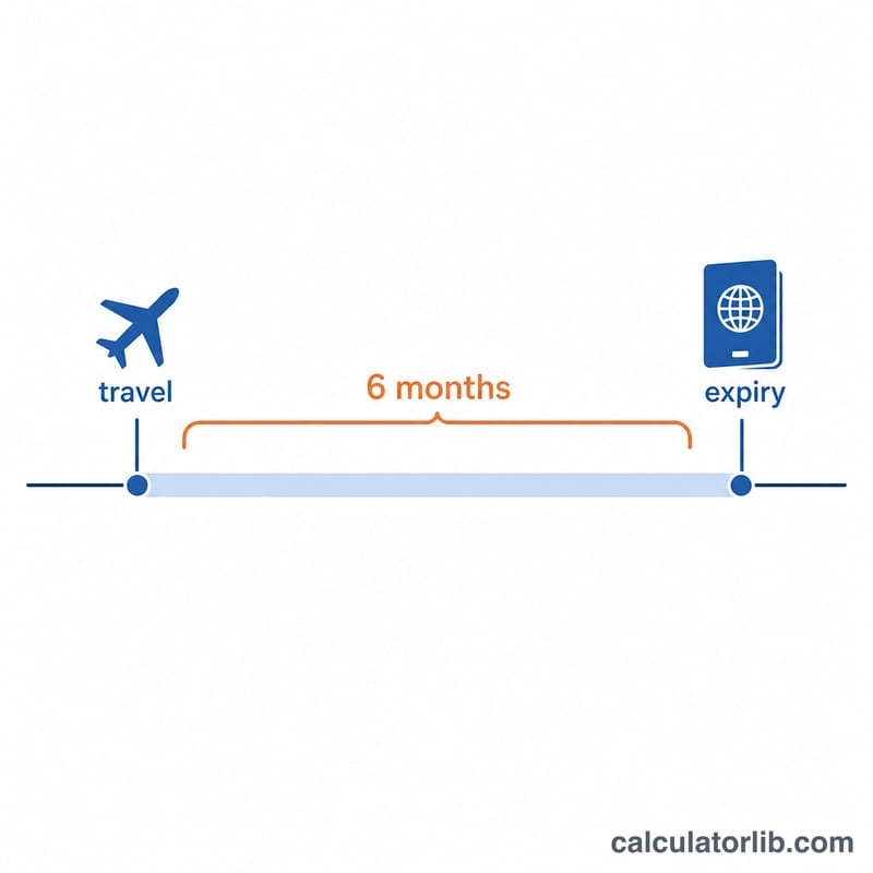 Timeline showing six-month gap between travel date and passport expiry date