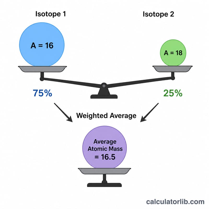 Two isotopes on a balance combining into a weighted average atomic mass
