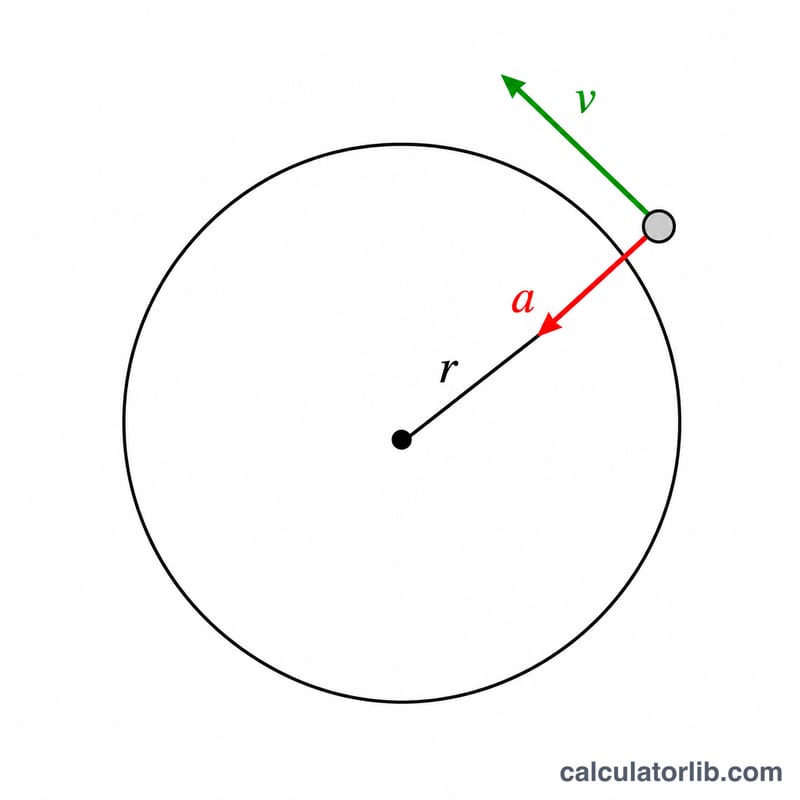Circular motion showing velocity tangent to circle and centripetal acceleration pointing to center