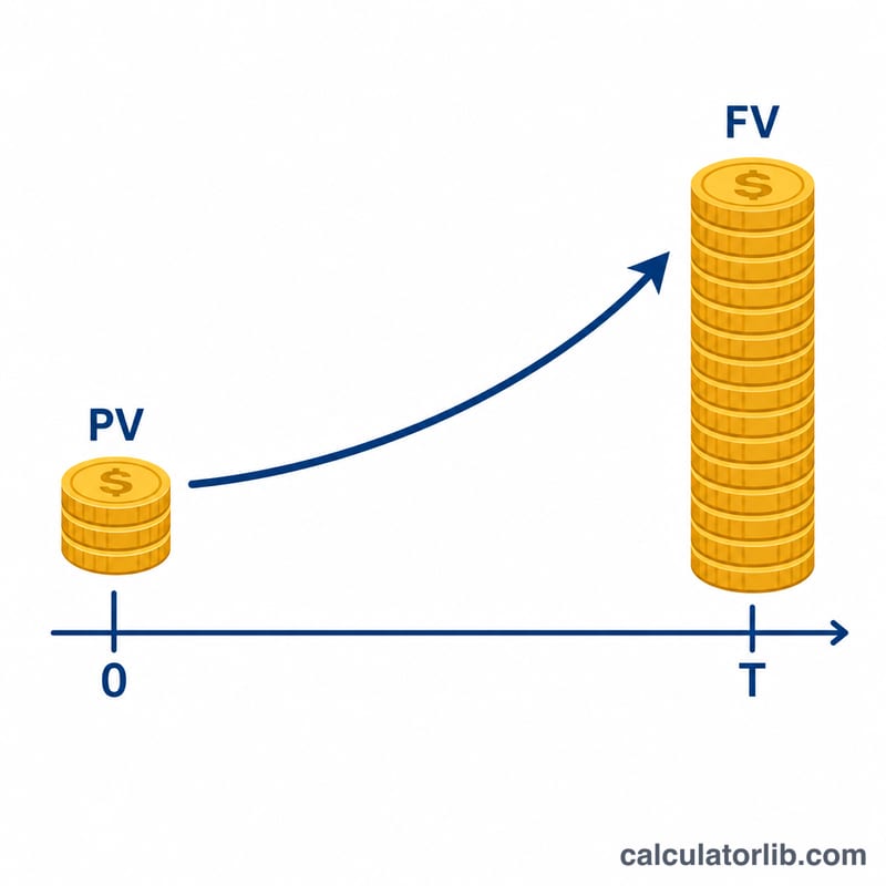 Diagram showing a small deposit today growing into a larger future goal amount over time
