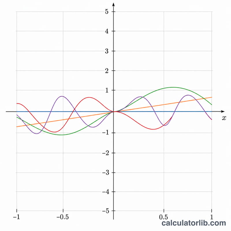 Curves of the first few Chebyshev polynomials of the second kind on the interval from minus one to one