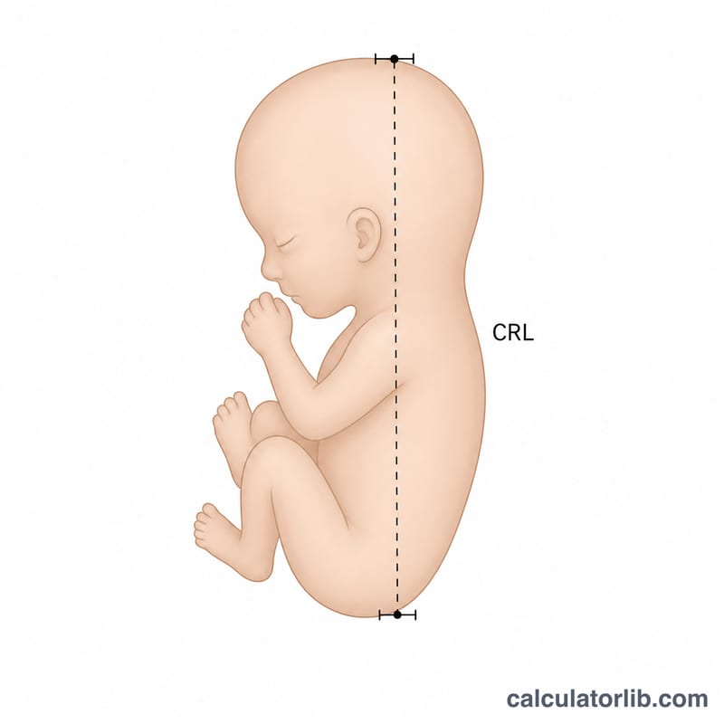 Perfil lateral de un feto que muestra la medición de la longitud cráneo-caudal como una línea recta desde la parte superior de la cabeza hasta la parte inferior de la nalga