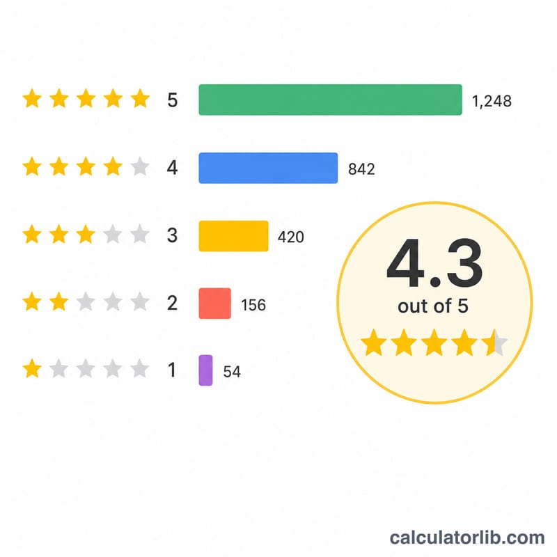 Bar chart of star rating counts feeding into an overall average star score