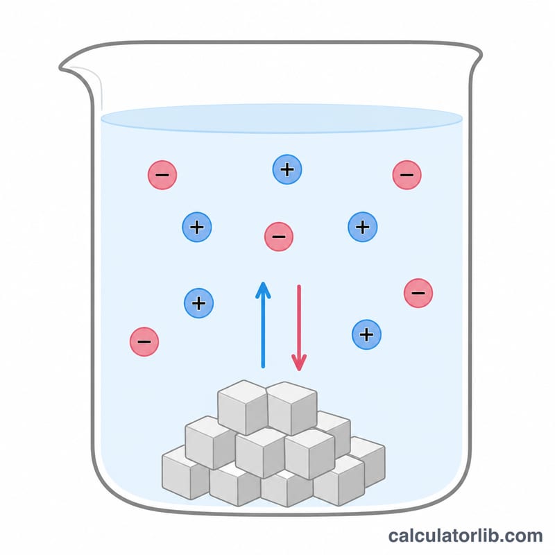 Diagram of a salt crystal at the bottom of a beaker dissolving into cations and anions in equilibrium with the solid