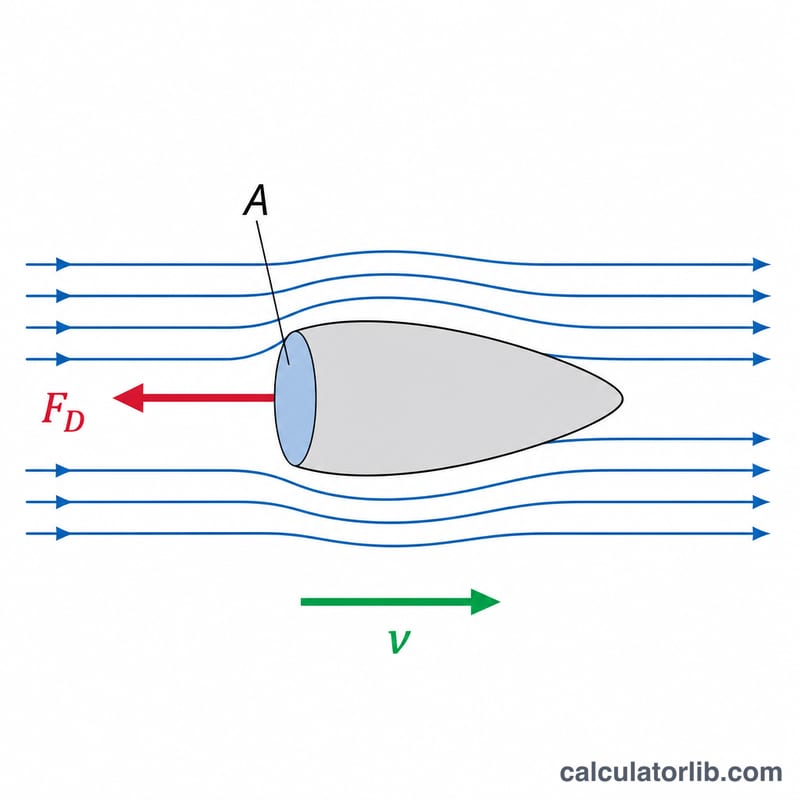 Diagrama de la fuerza de arrastre que se opone a un objeto en movimiento a través de un fluido con líneas de flujo