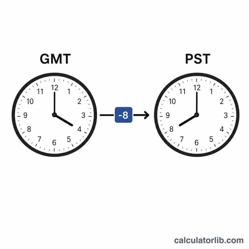 Two clocks showing GMT and PST offset by eight hours
