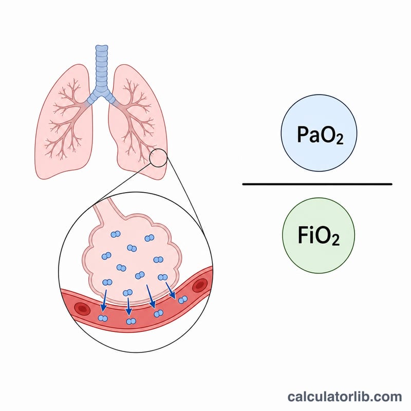 Diagrama que muestra la relación PaO2/FiO2 con pulmones e intercambio gaseoso alveolar