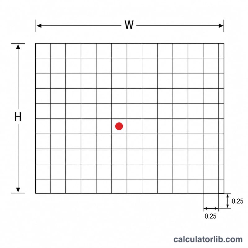 Diagram of a canvas grid showing width and height divided into square cells, with one cell holding a round drill