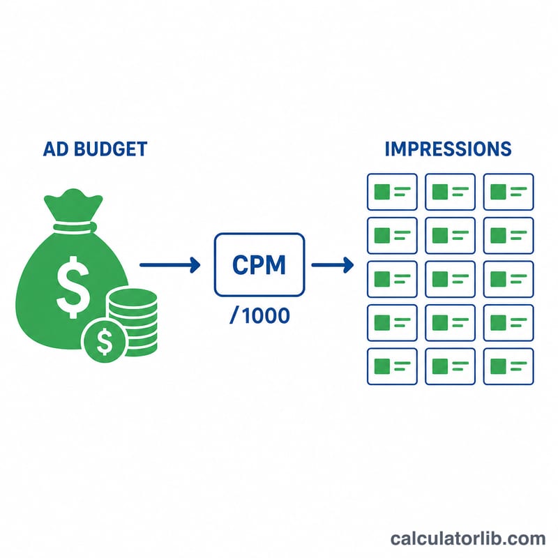 Diagram showing budget divided by CPM times 1000 equals impressions