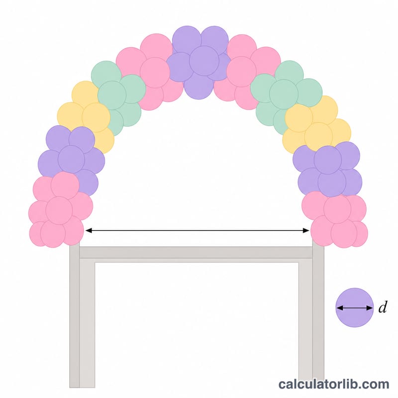Balloon arch with labeled span length and single balloon diameter